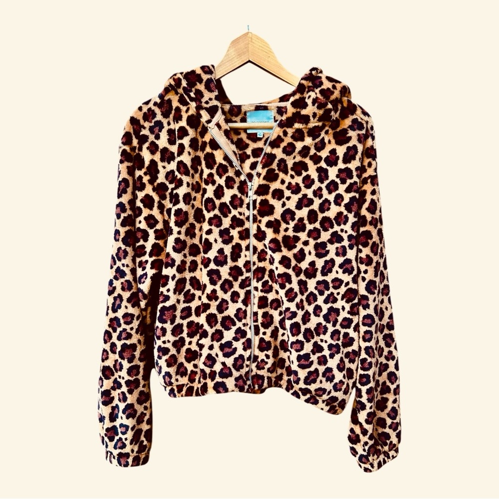 No Comment Hoodie Leopard Print Soft Zip Up Pullover Sz. Medium